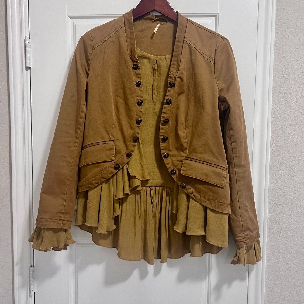 Free People~Ruffle-Military-Boho Jacket~Tan~Women's~Med